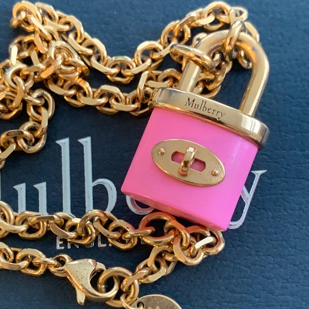 MULBERRY enamel lock necklace, 18” chain, charm 1.5” made in Italy